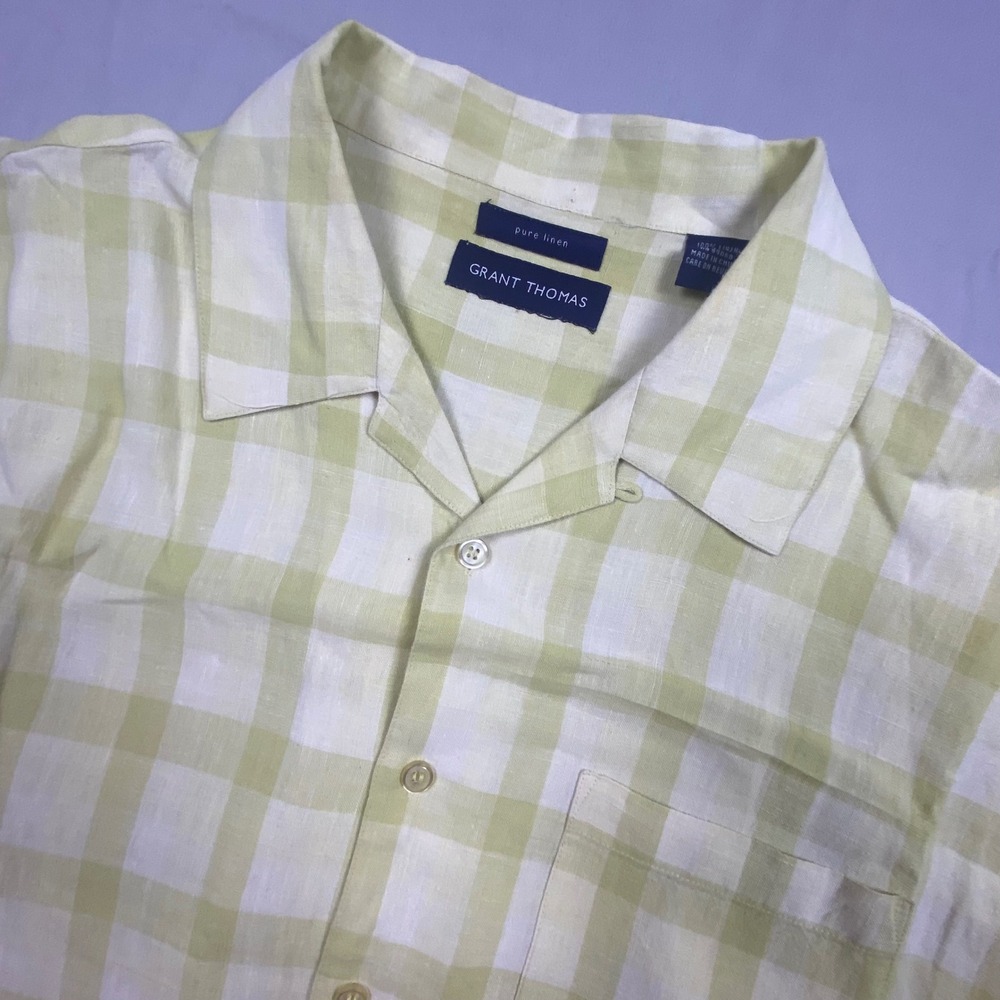 Grant Thomas Pure 100% Linen Camp Shirt Mens XXL 2XL Green White Gingham Plaid